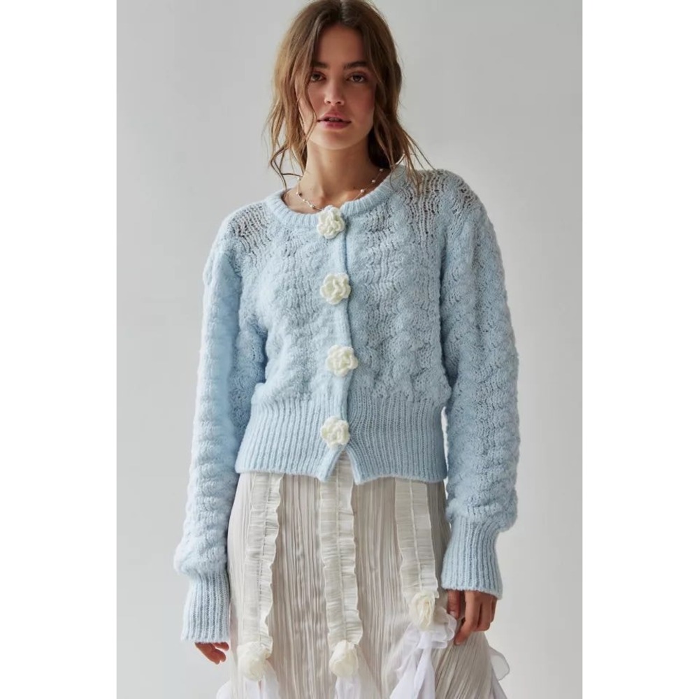 Kimchi Blue Light Blue Cropped Cardigan with Cream Rosette Buttons